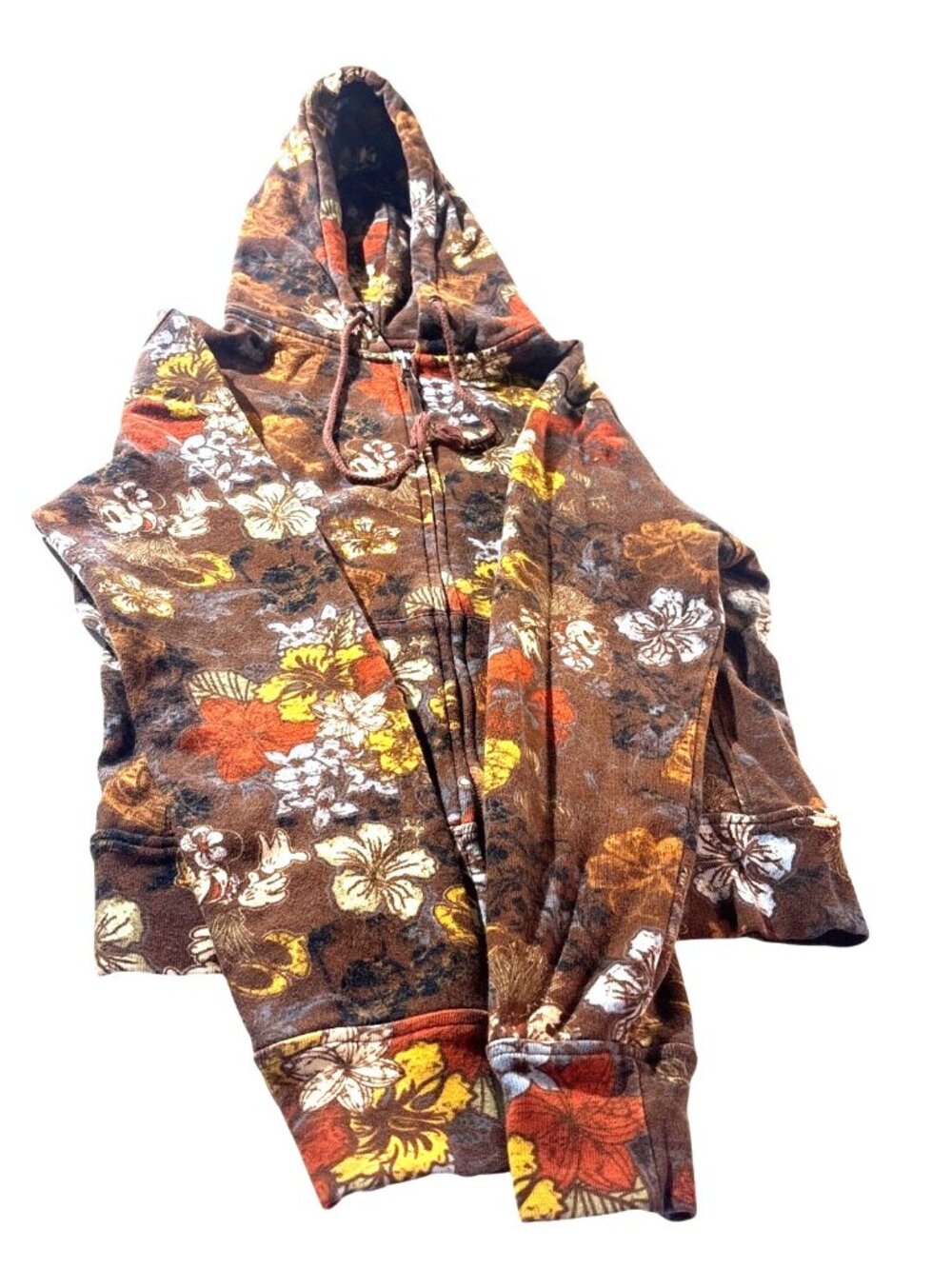 Walt Disney World Surf Co. Womens XS Brown Floral Hoodie With Mickey Mouse & Haw